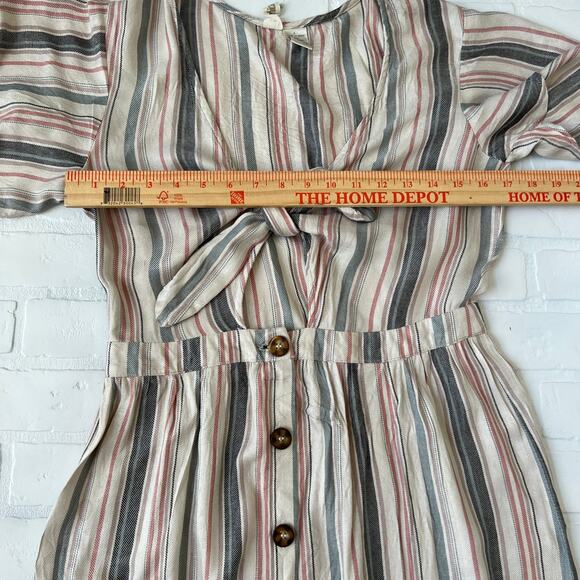 Mimi Chica Beige Multi Colored Striped Tie Front Button Down midi Dress-sz L - Picture 6 of 6